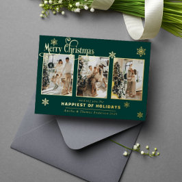 Multi Foto Collage Diep Groen Goud Folie Sneeuw Feestdagenkaart