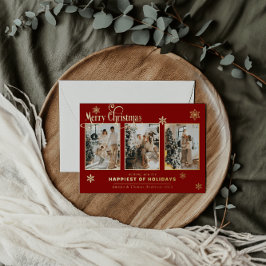 Multi Foto Collage Familie Rood Goud Folie Sneeuw Feestdagenkaart