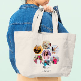 Multi Foto Collage Moderne Persoonlijke Naam Grote Tote Bag