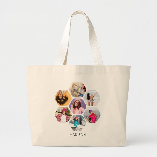 Multi Foto Collage Moderne Persoonlijke Naam Grote Tote Bag (Voorkant)