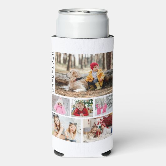 Multi Foto Collage Moderne Persoonlijke Naam Seltzer Blikjeskoeler (Seltzer Achterkant)