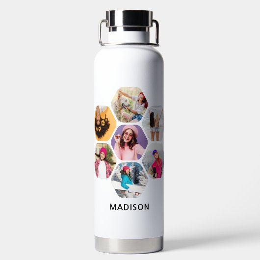 Multi Foto Collage Moderne Persoonlijke Naam Waterfles (Achterkant)