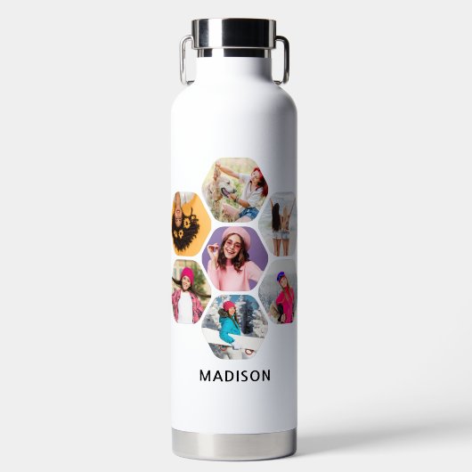 Multi Foto Collage Moderne Persoonlijke Naam Waterfles (Voorkant)