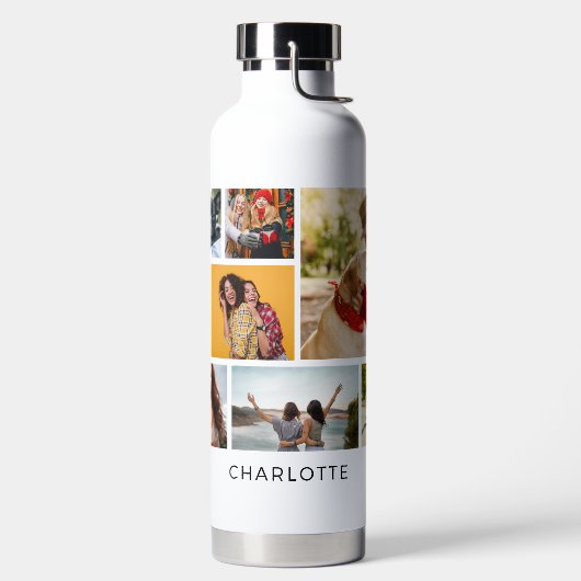 Multi Foto Collage Moderne Persoonlijke Naam Waterfles (Links)