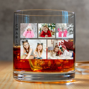 Multi Foto Collage Moderne Persoonlijke Naam Whisky Glas