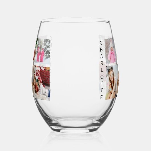 Multi Foto Collage Moderne Persoonlijke Naam Wijnglas Zonder Voet (Links)
