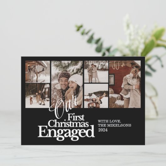 Multi foto Elegant Eerste Kerstdag verloofd Feestdagenkaart (Staand voorkant)