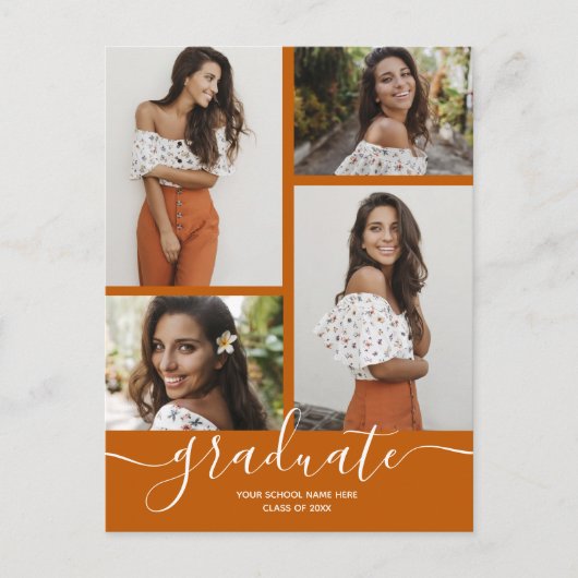 Multi foto gebrande Oranje Afstuderen uitnodiging (Voorkant)