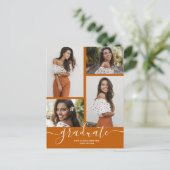 Multi foto gebrande Oranje Afstuderen uitnodiging (Staand voorkant)