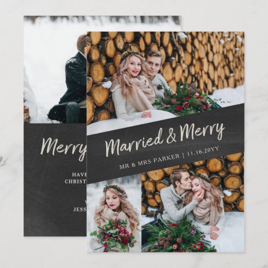 Multi Foto | Getrouwd en Blij Krijtbord Uiterlijk Feestdagenkaart (Voorkant / Achterkant)