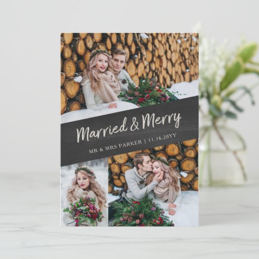 Multi Foto | Getrouwd en Blij Krijtbord Uiterlijk Feestdagenkaart (Staand voorkant)