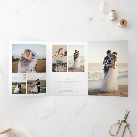Multi foto gouden script bruiloft bedankkaart drieluik uitnodiging (Binnen)