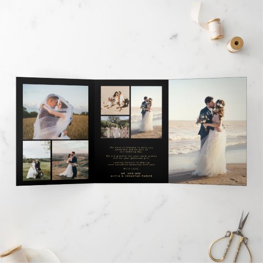 Multi foto gouden zwarte bruiloft bedankkaart drieluik uitnodiging (Binnen)