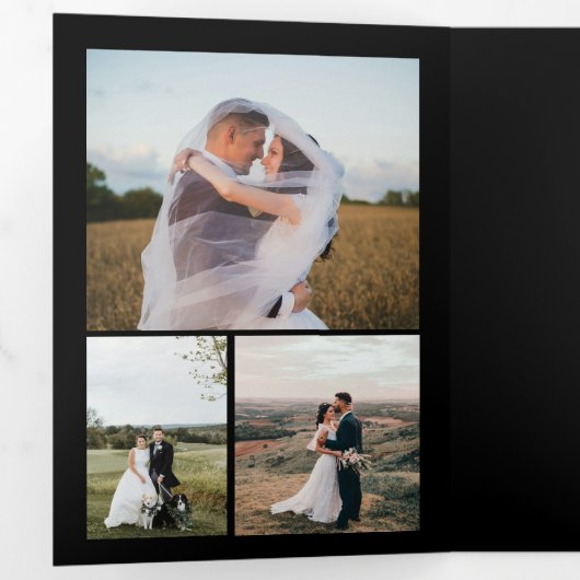 Multi foto gouden zwarte bruiloft bedankkaart drieluik uitnodiging (Binnenzijde eerst)