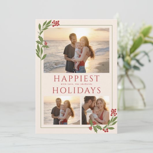 MULTI-FOTO KAART MET KERST RAND LOOFWERK (Staand voorkant)