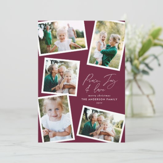 Multi foto modern elegant script bordeaux feestdagenkaart (Staand voorkant)
