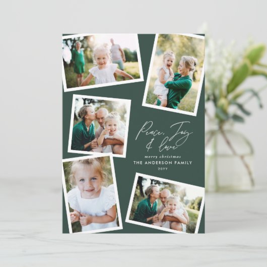 Multi foto modern elegant script groene partij feestdagenkaart (Staand voorkant)