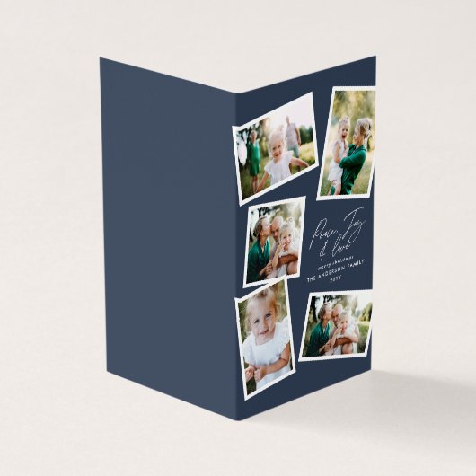 Multi foto modern elegant script marineblauw feest kaart (Buitenkant)