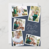 Multi-foto modern elegant script navy blue feestdagenkaart (Voorkant)
