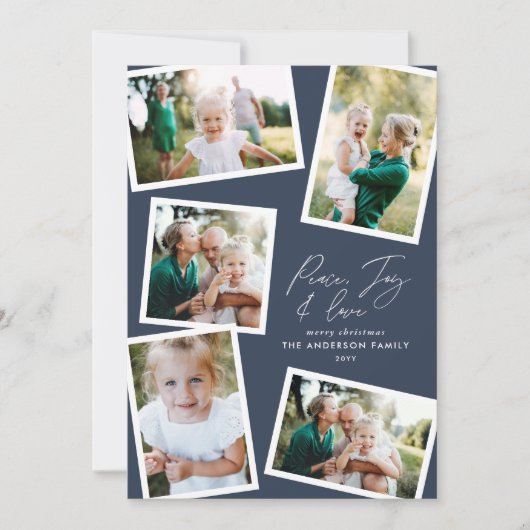 Multi-foto modern elegant script navy blue feestdagenkaart (Voorkant)