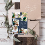 Multi-foto modern elegant script navy blue feestdagenkaart<br><div class="desc">Moderne minimale stijlvolle multi foto familie huis decor elegante script tekst rust,  vreugde en liefde Vakantie kerstkaart,  Ideale verjaardag. Moderne op trend navy blauwe kleur kan worden veranderd.</div>