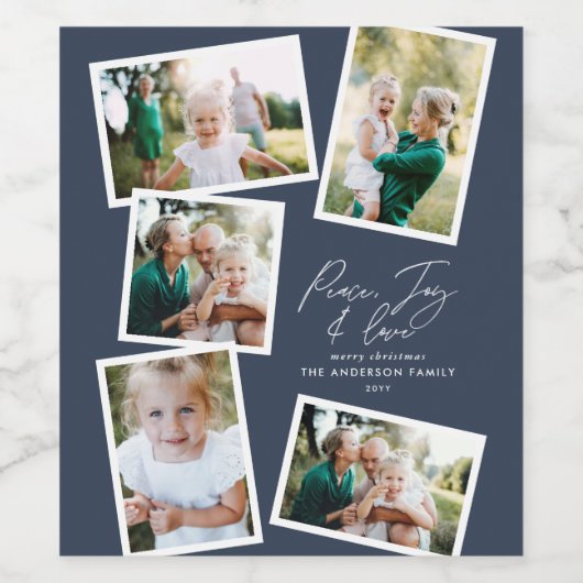 Multi-foto modern elegant script navy blue wijn etiket (Enkel label)