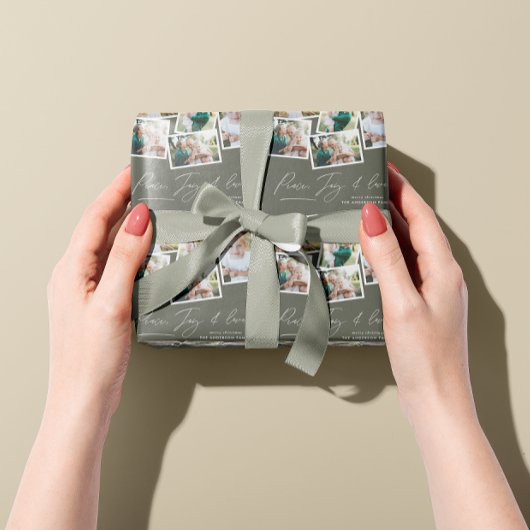 Multi foto modern elegant script olijfgroen cadeaupapier