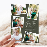 Multi foto modern elegant script olijfgroen feestdagenkaart<br><div class="desc">Moderne minimale stijlvolle multi foto familie huis decor elegante script tekst rust,  vreugde en liefde Vakantie kerstkaart,  Ideale verjaardag. Moderne trendmatige olijfgroene kleur kan worden gewijzigd.</div>