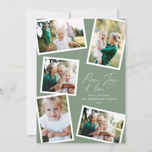 Multi foto modern elegant script salie groen feestdagenkaart (Voorkant)
