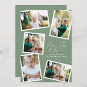 Multi foto modern elegant script salie groen feestdagenkaart (Voorkant / Achterkant)