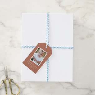 Multi foto modern elegant script terracotta feest cadeaulabel