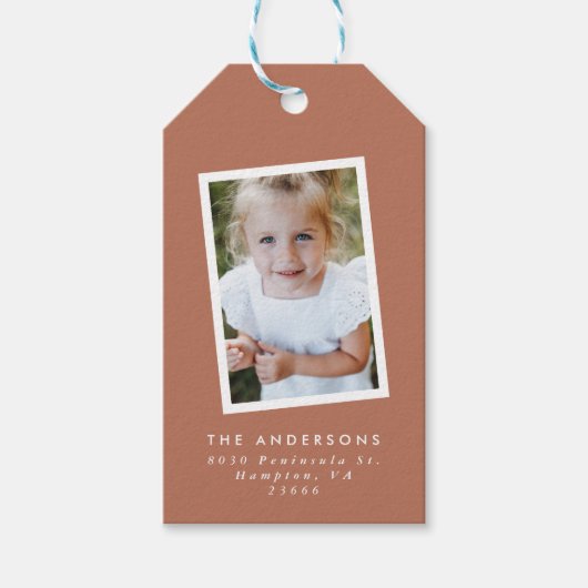 Multi foto modern elegant script terracotta feest cadeaulabel (Voorkant)