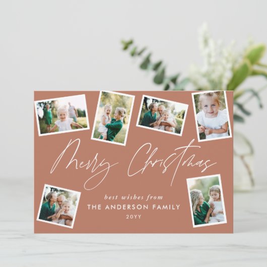 Multi foto modern elegant script terracotta feest feestdagenkaart (Staand voorkant)