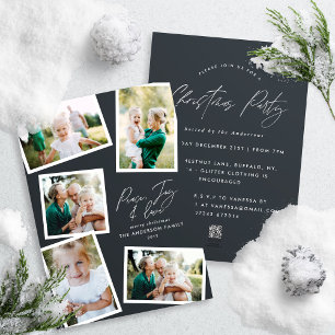 Multi foto modern elegant script zwart feest feestdagenkaart