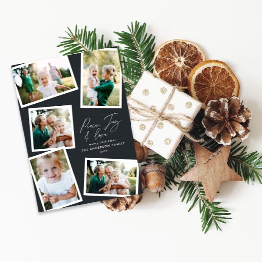 Multi foto modern elegant script zwart feestdagenkaart