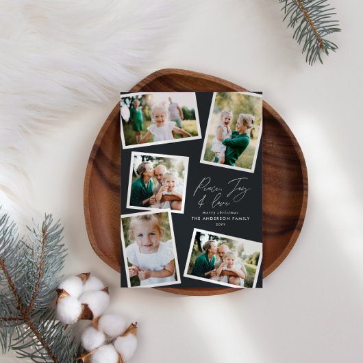 Multi foto modern elegant script zwart feestdagenkaart