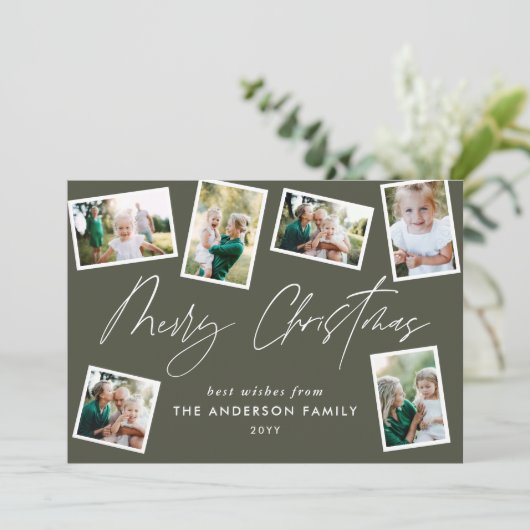Multi foto modern vrolijk kerstscript groen feestdagenkaart (Staand voorkant)