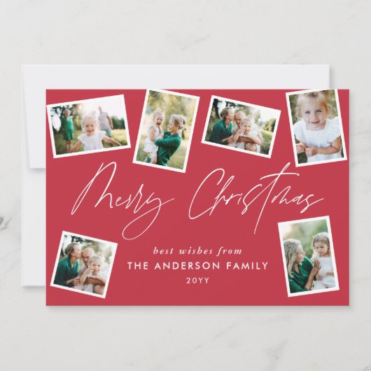 Multi foto modern vrolijk kerstscript rood feestdagenkaart (Voorkant)