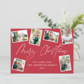 Multi foto modern vrolijk kerstscript rood feestdagenkaart (Staand voorkant)