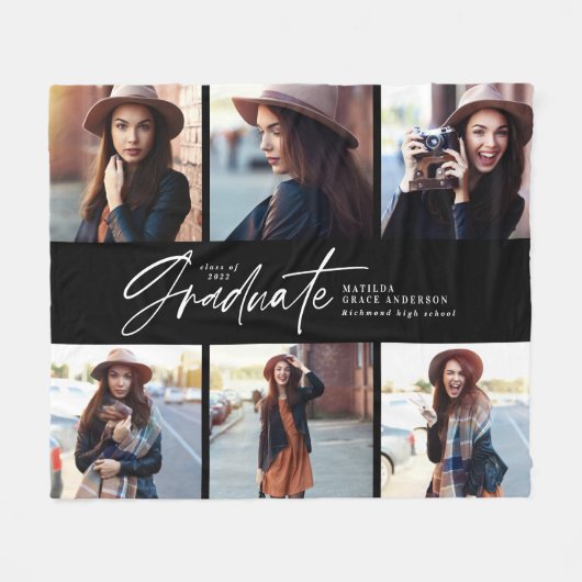 Multi-foto modern zwart-wit script afstuderen fleece deken (Voorkant (Horizontaal))