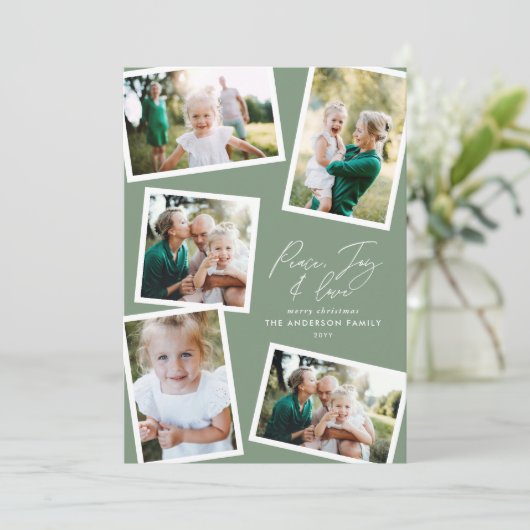 Multi foto moderne elegante script sage groene par feestdagenkaart (Staand voorkant)