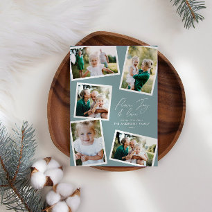 Multi foto moderne elegante script stoffig blauw feestdagenkaart