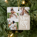 Multi Foto Moderne Kleurrijke Beige Typografie Keramisch Ornament<br><div class="desc">Kleurrijke  grafische beige typografie vrolijk kerstmis multi foto vakantie ornament ontwerp. Onderdeel van een gewaagd leuk vakantie collectie.</div>