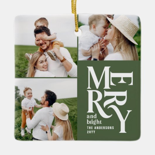 Multi Foto Moderne Kleurrijke Groene Typografie Keramisch Ornament (Voorkant)