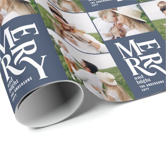 Multi Foto Moderne Kleurrijke Navy Blue Typografie Cadeaupapier (Rol Hoek)