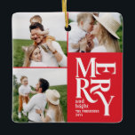 Multi Foto Moderne Kleurrijke Rode Typografie Keramisch Ornament<br><div class="desc">Kleurrijke  grafische typografie vrolijk kerstmis multi foto vakantie ornament ontwerp. Onderdeel van een gewaagd leuk vakantie collectie.</div>