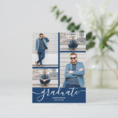 Multi Foto Navy Blue Afstuderen Invitation Briefkaart (Staand voorkant)