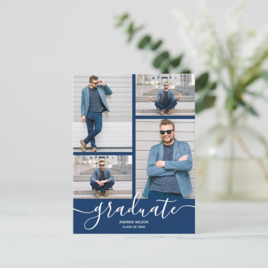 Multi Foto Navy Blue Afstuderen Invitation Briefkaart (Staand voorkant)