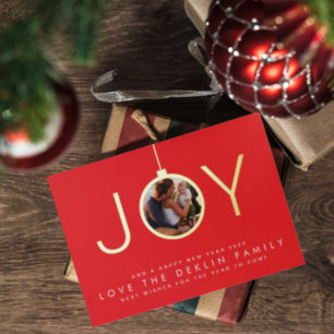 Multi Foto Rode Kers Gelukkig Kerstmis Goud JOY Folie Feestdagenkaart