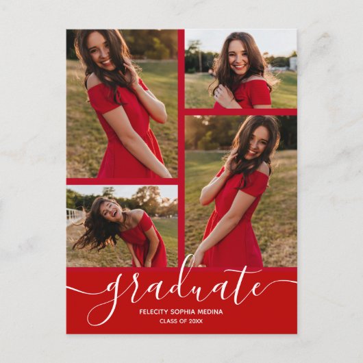Multi Foto Scarlet Rood Afstuderen Invitation Briefkaart (Voorkant)
